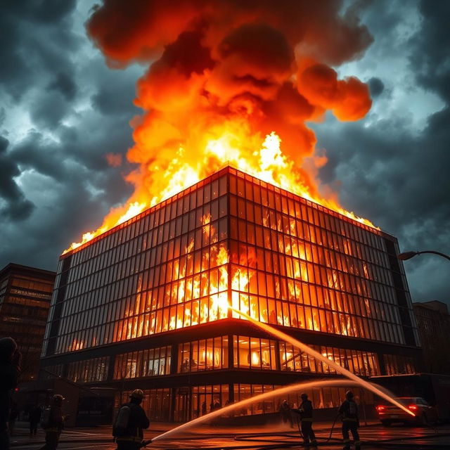 A dramatic and intense scene depicting a large, modern building engulfed in flames