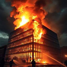 A dramatic and intense scene depicting a large, modern building engulfed in flames