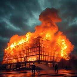 A dramatic and intense scene depicting a large, modern building engulfed in flames