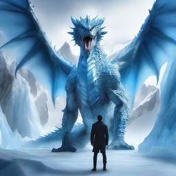 A hyper-realistic digital art piece showcasing an extraordinarily handsome man standing fearlessly in front of a massive ice-element dragon