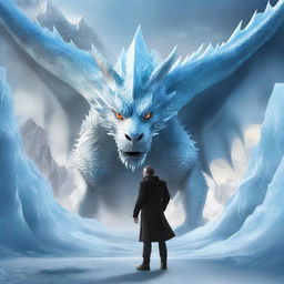 A hyper-realistic digital art piece showcasing an extraordinarily handsome man standing fearlessly in front of a massive ice-element dragon