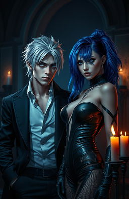 A captivating scene of dark romance, featuring a powerful male character with striking silver hair and deep blue eyes, exuding a mysterious aura