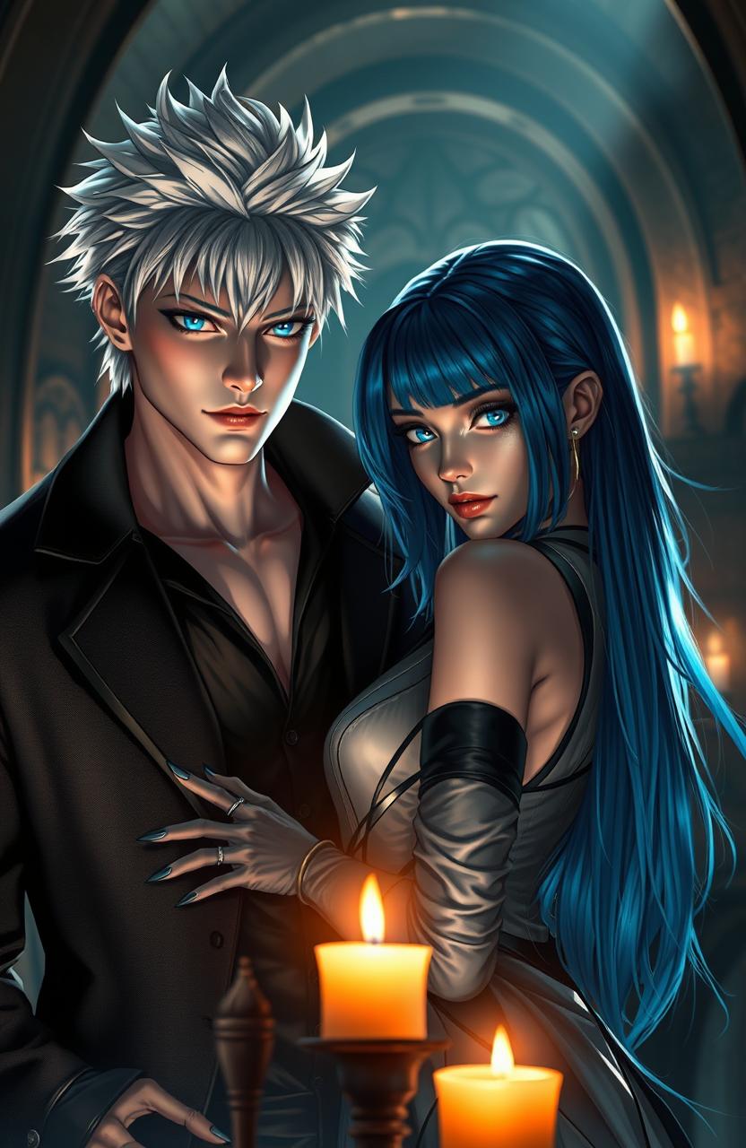 A captivating scene of dark romance, featuring a powerful male character with striking silver hair and deep blue eyes, exuding a mysterious aura