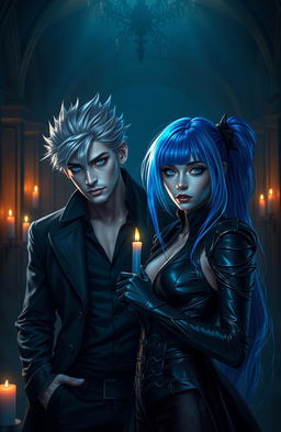 A captivating scene of dark romance, featuring a powerful male character with striking silver hair and deep blue eyes, exuding a mysterious aura