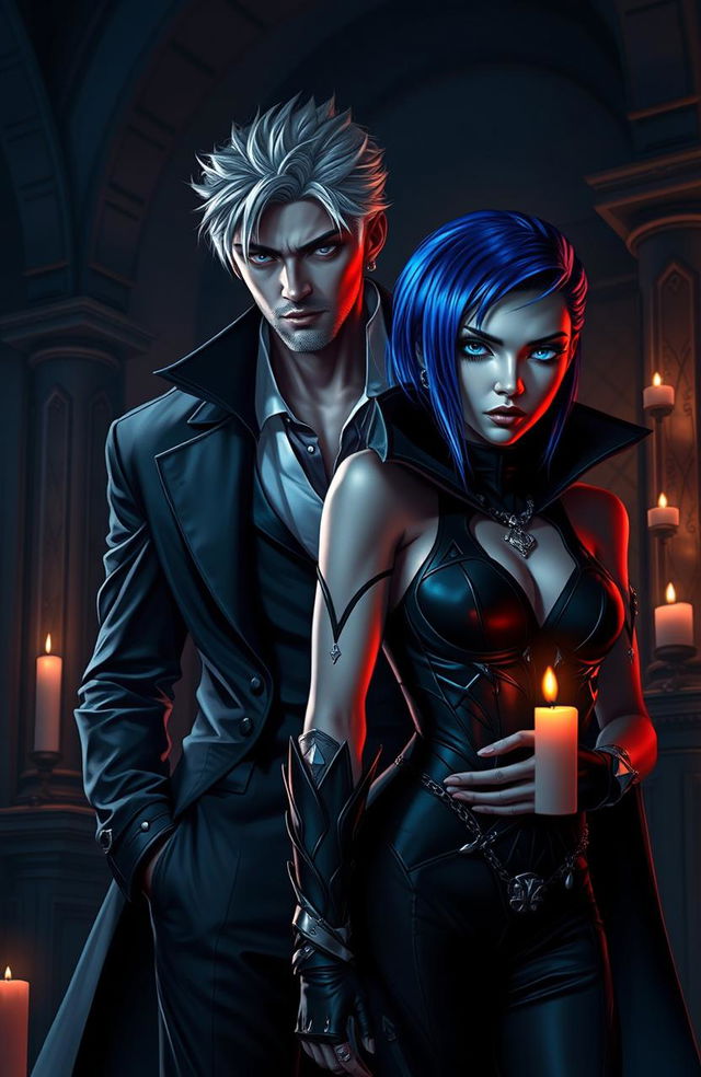 A captivating scene of dark romance, featuring a powerful male character with striking silver hair and deep blue eyes, exuding a mysterious aura