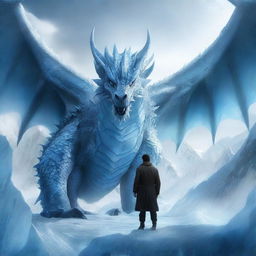 A hyper-realistic digital art piece showcasing an extraordinarily handsome man standing fearlessly in front of a massive ice-element dragon