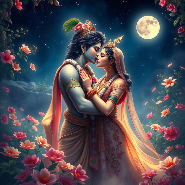 A romantic and intimate scene depicting Lord Radha and Krishna in a passionate embrace, sharing a sensuous kiss