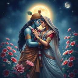 A romantic and intimate scene depicting Lord Radha and Krishna in a passionate embrace, sharing a sensuous kiss
