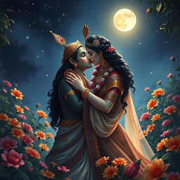 A romantic and intimate scene depicting Lord Radha and Krishna in a passionate embrace, sharing a sensuous kiss