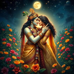 A romantic and intimate scene depicting Lord Radha and Krishna in a passionate embrace, sharing a sensuous kiss