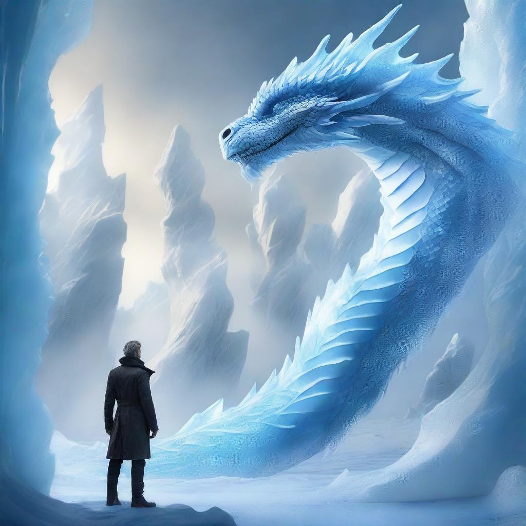 A hyper-realistic digital art piece featuring an extraordinarily handsome man seen in profile, standing valiantly in front of a gargantuan ice-element dragon