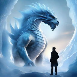 A hyper-realistic digital art piece featuring an extraordinarily handsome man seen in profile, standing valiantly in front of a gargantuan ice-element dragon