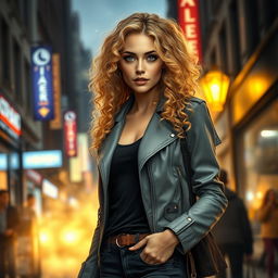 A stunning urban fantasy character portrayed as a beautiful 30-year-old woman with captivating blonde curly hair cascading down her shoulders and striking dark blue eyes that sparkle with magic