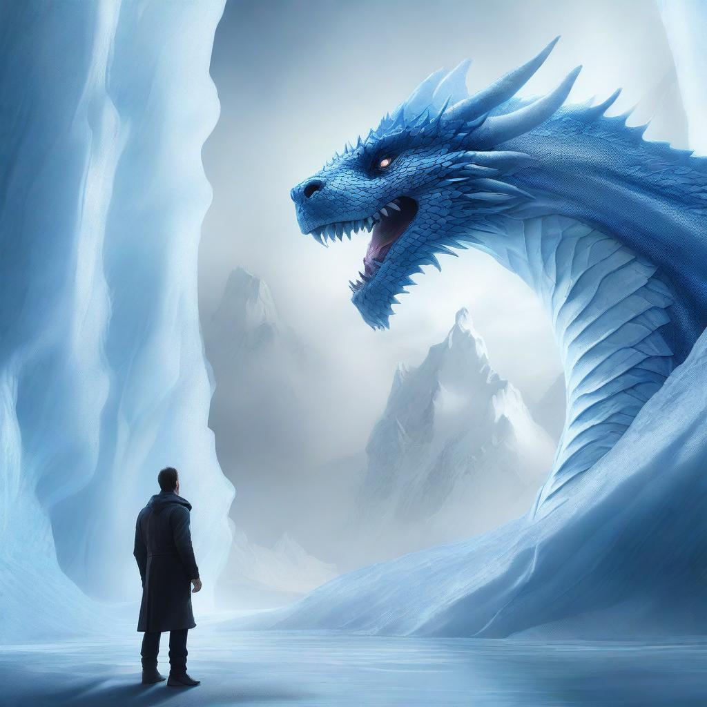 A hyper-realistic digital art piece featuring an extraordinarily handsome man seen in profile, standing valiantly in front of a gargantuan ice-element dragon