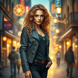 A stunning urban fantasy character portrayed as a beautiful 30-year-old woman with captivating blonde curly hair cascading down her shoulders and striking dark blue eyes that sparkle with magic