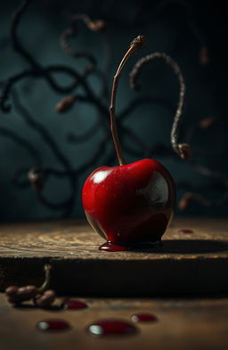 A surreal representation of a bloody cherry in a dark, moody setting
