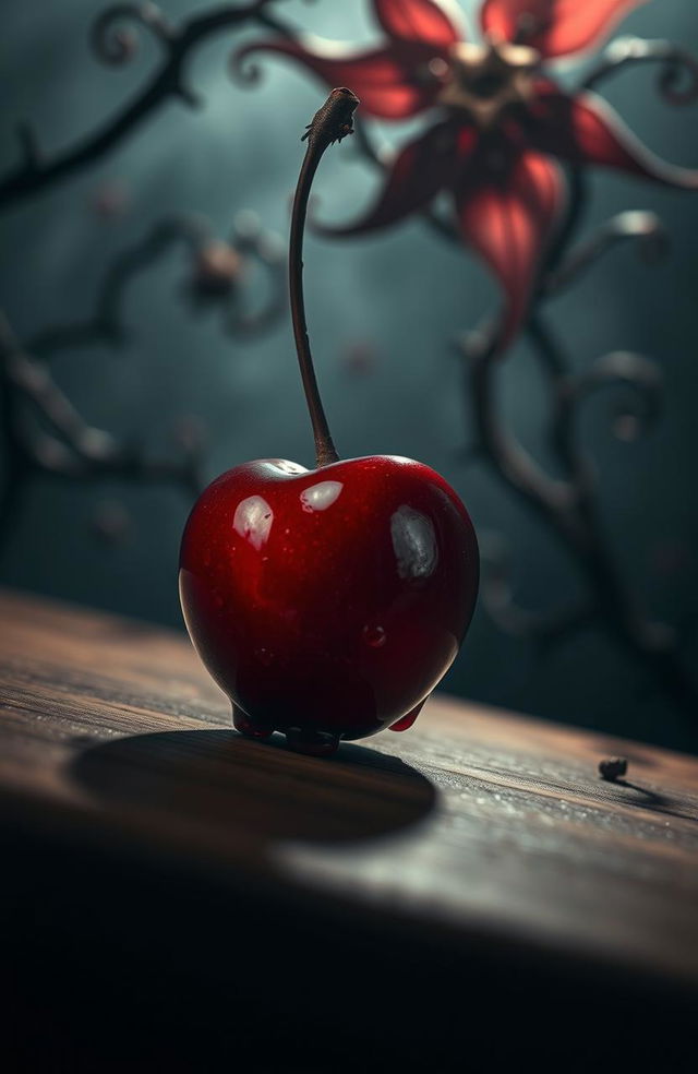 A surreal representation of a bloody cherry in a dark, moody setting