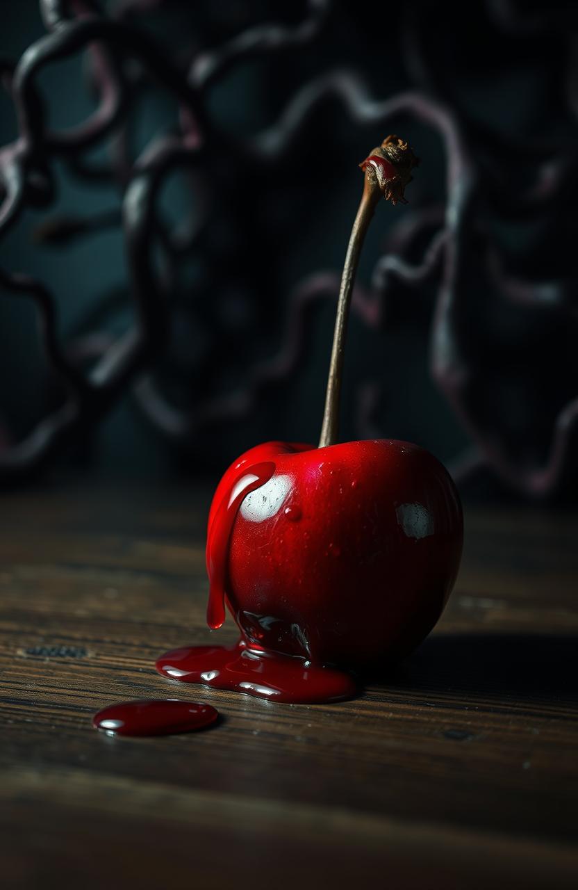 A surreal representation of a bloody cherry in a dark, moody setting