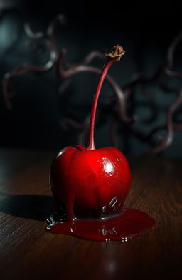 A surreal representation of a bloody cherry in a dark, moody setting