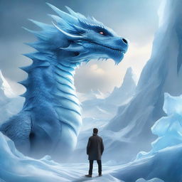 A hyper-realistic digital art piece featuring an extraordinarily handsome man seen in profile, standing valiantly in front of a gargantuan ice-element dragon