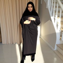 A woman wearing a traditional black chador that elegantly covers her head and body, paired with black tights and black high heels