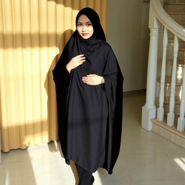 A woman wearing a traditional black chador that elegantly covers her head and body, paired with black tights and black high heels