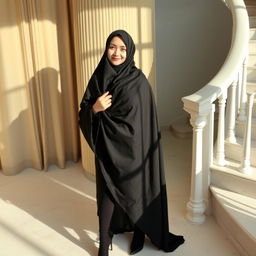 A woman wearing a traditional black chador that elegantly covers her head and body, paired with black tights and black high heels