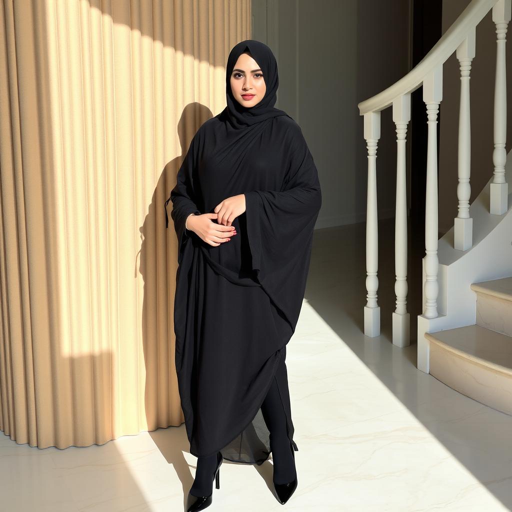 A woman wearing a traditional black chador that elegantly covers her head and body, paired with black tights and black high heels