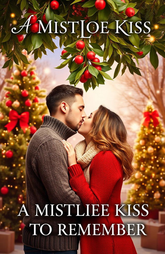 A romantic book cover for a novel titled 'A MISTLETOE KISS TO REMEMBER'