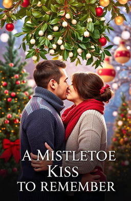 A romantic book cover for a novel titled 'A MISTLETOE KISS TO REMEMBER'