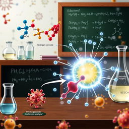 An artistic representation of the peroxidase mimic process, illustrating the complex biochemical reactions