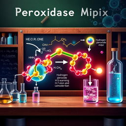 An artistic representation of the peroxidase mimic process, illustrating the complex biochemical reactions