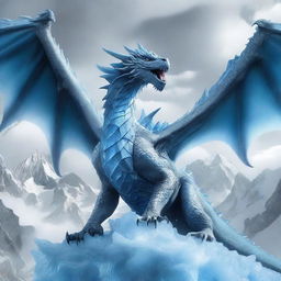 A hyper-realistic digital art piece depicting a colossal ice-element dragon spewing a chilling breath of ice