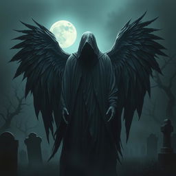 A striking and haunting portrayal of a death angel, featuring a tall, shadowy figure draped in dark, flowing robes that seem to merge with the darkness around