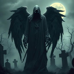 A striking and haunting portrayal of a death angel, featuring a tall, shadowy figure draped in dark, flowing robes that seem to merge with the darkness around