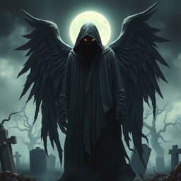 A striking and haunting portrayal of a death angel, featuring a tall, shadowy figure draped in dark, flowing robes that seem to merge with the darkness around