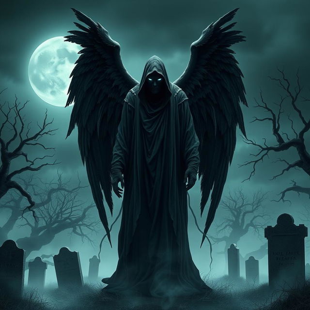 A striking and haunting portrayal of a death angel, featuring a tall, shadowy figure draped in dark, flowing robes that seem to merge with the darkness around