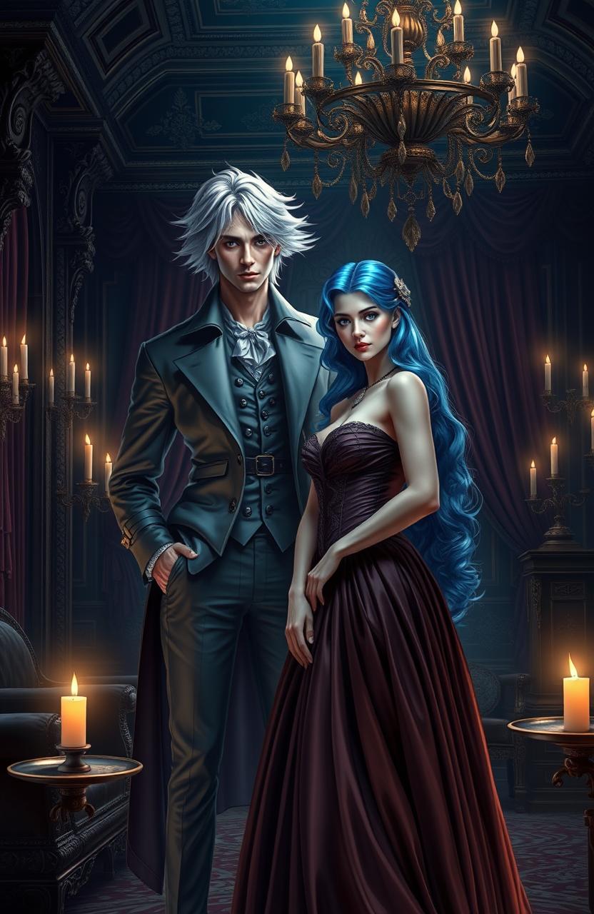 A dark historic romance scene featuring a striking male figure with flowing silver hair and piercing blue eyes, standing confidently in a lavish yet shadowy grand hall adorned with opulent decorations reminiscent of a bygone era