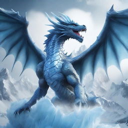 A hyper-realistic digital art piece depicting a colossal ice-element dragon spewing a chilling breath of ice