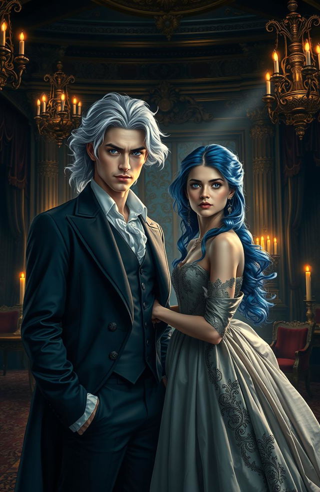 A dark historic romance scene featuring a striking male figure with flowing silver hair and piercing blue eyes, standing confidently in a lavish yet shadowy grand hall adorned with opulent decorations reminiscent of a bygone era