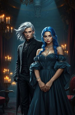A dark historic romance scene featuring a striking male figure with flowing silver hair and piercing blue eyes, standing confidently in a lavish yet shadowy grand hall adorned with opulent decorations reminiscent of a bygone era