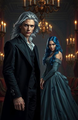 A dark historic romance scene featuring a striking male figure with flowing silver hair and piercing blue eyes, standing confidently in a lavish yet shadowy grand hall adorned with opulent decorations reminiscent of a bygone era