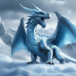 A hyper-realistic digital art piece depicting a colossal ice-element dragon spewing a chilling breath of ice