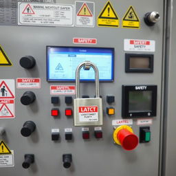 A detailed view of a control panel in a chemical manufacturing company, showcasing various safety labels and symbols clearly displayed