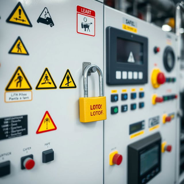 A detailed view of a control panel in a chemical manufacturing company, showcasing various safety labels and symbols clearly displayed