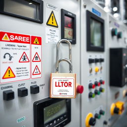 A detailed view of a control panel in a chemical manufacturing company, showcasing various safety labels and symbols clearly displayed