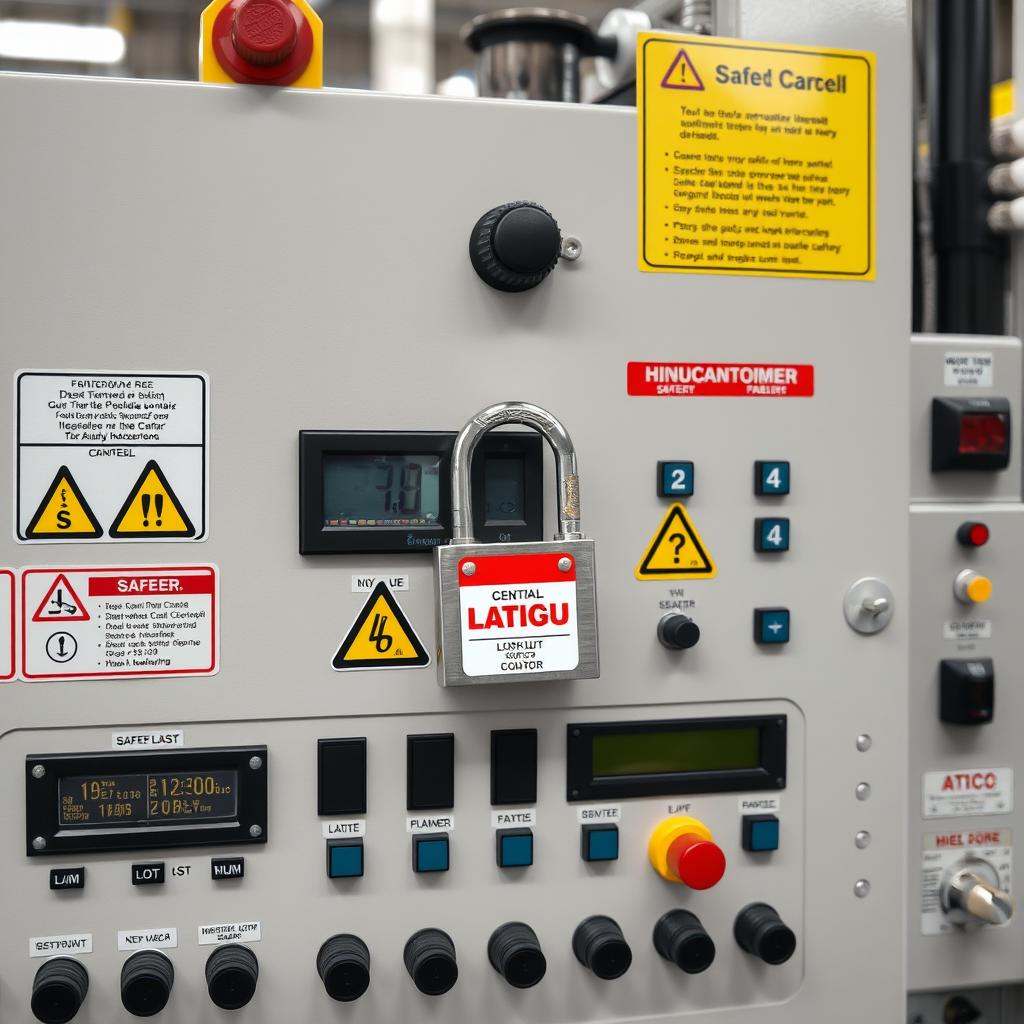 A detailed view of a control panel in a chemical manufacturing company, showcasing various safety labels and symbols clearly displayed