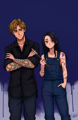 A scene featuring two characters in an artistic setting