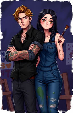 A scene featuring two characters in an artistic setting
