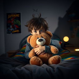 A scared young boy sitting on his bed at night, hugging a plush teddy bear tightly